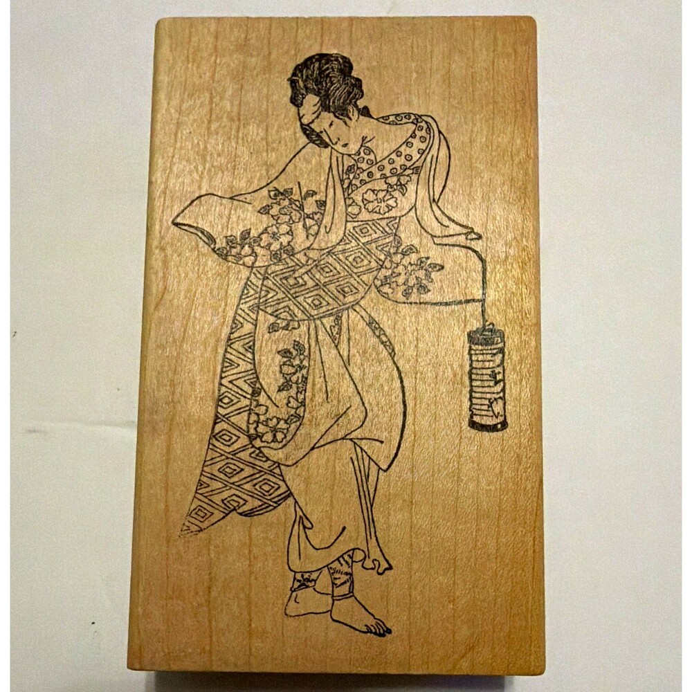 Vintage Art Accents Work of Art Studio Asian Woman w/ Lantern Wood Rubber Stamp